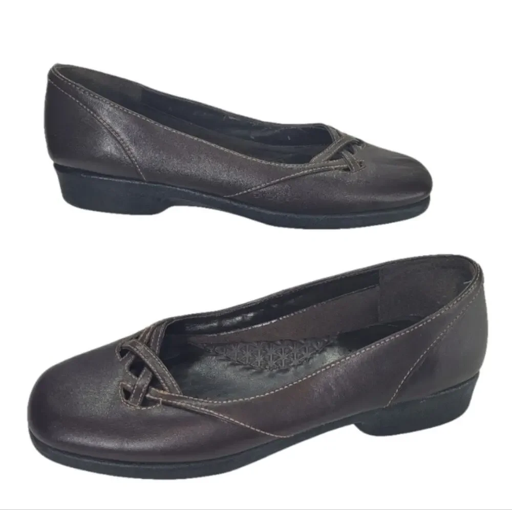 Hush Puppies SZ 9 Shoes Brown Leather Slip On Comfort Flats Braided Upper